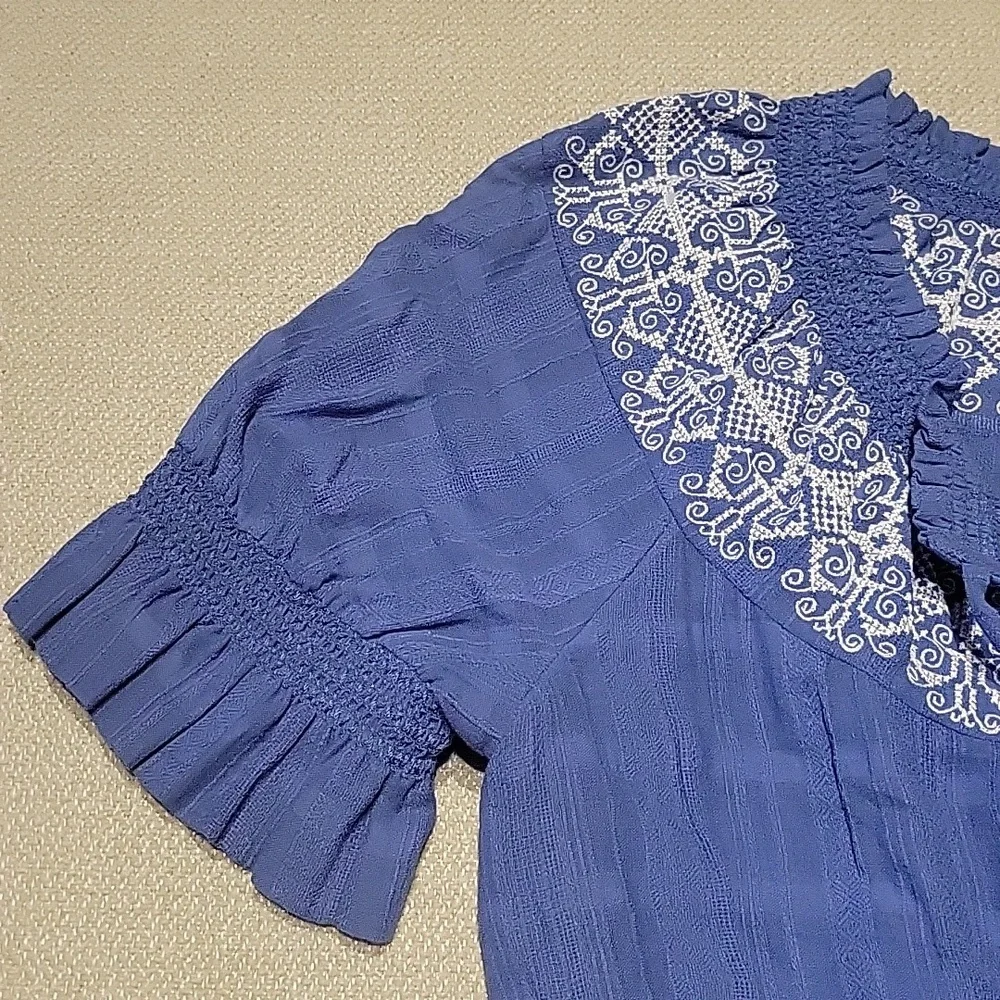 Tory Burch Nina Blouse Embroidery White Blue Peasant Cotton Western Boho Medium